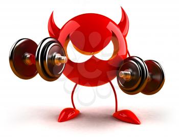 Royalty Free 3d Clipart Image of a Red Devil Emoticon Lifting Barbells