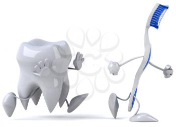 Royalty Free Clipart Image of a Tooth Chasing a Toothbrush