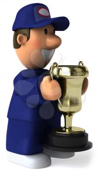 Royalty Free Clipart Image of a Mechanic With a Trophy