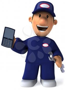 Royalty Free Clipart Image of a Mechanic With a Cellphone
