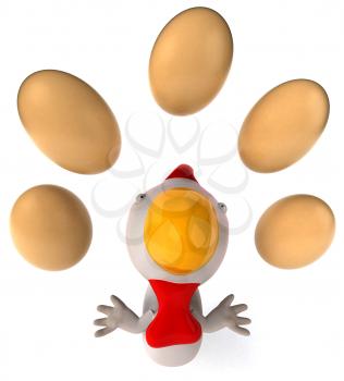 Royalty Free Clipart Image of a Chicken Juggling Eggs