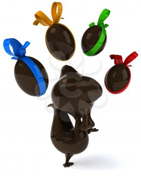 Royalty Free Clipart Image of a Chocolate Chicken Juggling Chocolate Eggs
