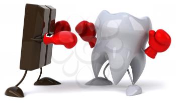 Royalty Free Clipart Image of a Tooth Fighting With Chocolate