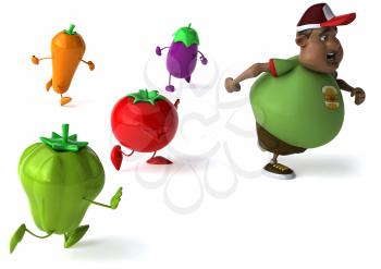 Royalty Free Clipart Image of Veggies Chasing an Overweight Black Man
