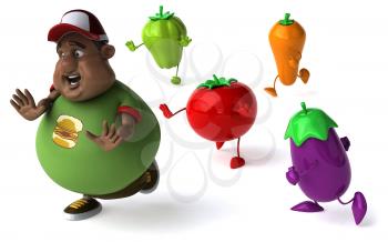 Royalty Free Clipart Image of a Man Being Chased By Veggies