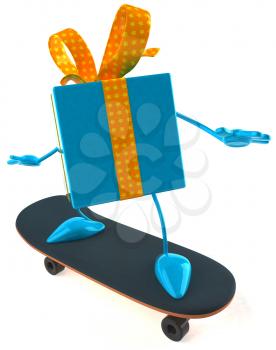 Royalty Free Clipart Image of a Gift on a Skateboard