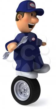 Royalty Free Clipart Image of a Mechanic on a Tire