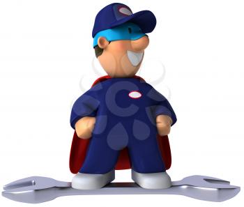 Royalty Free Clipart Image of a Superhero Mechanic on a Wrench