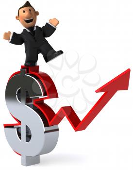 Royalty Free Clipart Image of a Businessman on a Dollar Symbol With a Rising Arrow