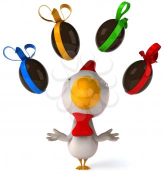 Royalty Free Clipart Image of a Chicken Juggling Easter Eggs