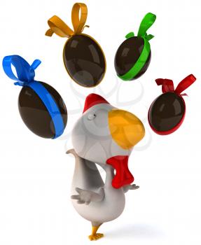 Royalty Free Clipart Image of a Chicken Juggling Chocolate Eggs