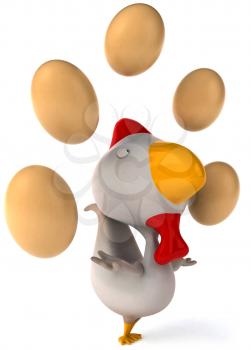 Royalty Free Clipart Image of a Chicken Juggling Eggs