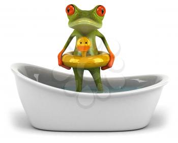 Royalty Free Clipart Image of a Frog in a Tub With a Rubber Duck Ring
