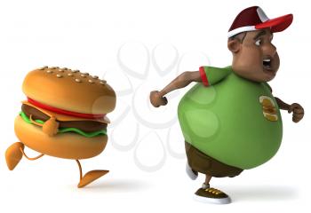 Royalty Free Clipart Image of a Burger Chasing an Overweight Black Man