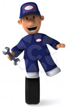 Royalty Free Clipart Image of a Mechanic Holding a Wrench and Standing on a Tire