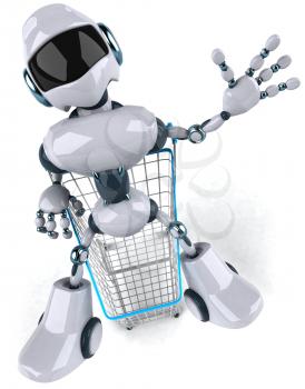 Royalty Free Clipart Image of a Robot With a Shopping Cart