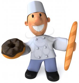 Royalty Free Clipart Image of a Baker With a Doughnut and Bread Stick