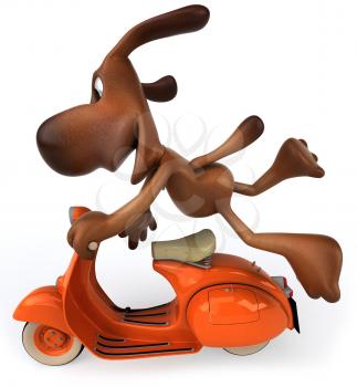 Royalty Free Clipart Image of a Dog Hanging on to a Scooter