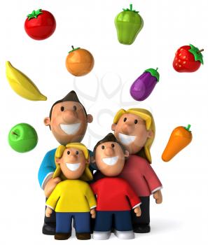 Royalty Free Clipart Image of a Family With Healthy Foods Above Them