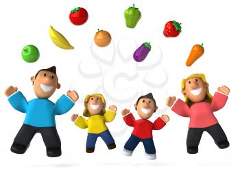 Royalty Free Clipart Image of a Family Juggling Healthy Food