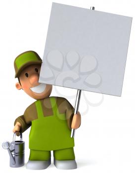 Royalty Free Clipart Image of a Gardener With a Sign and Sprinkler