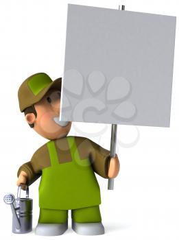 Royalty Free Clipart Image of a Man in Gardening Clothes Holding a Sign and Sprinkling Can