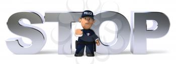Royalty Free Clipart Image of a Cop in Front of the Word Stop