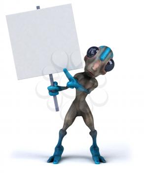 Royalty Free Clipart Image of an Alien With a Sign