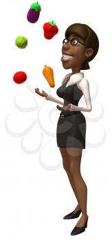Royalty Free Clipart Image of a Woman Juggling Vegetables and Fruit