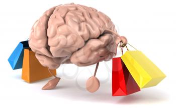 Royalty Free Clipart Image of a Brain With Shopping Bags