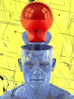Royalty Free Clipart Image of a Man With a Lightbulb in His Open Head