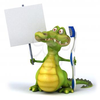 Royalty Free Clipart Image of an Alligator With a Toothbrush and Sign