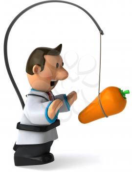 Royalty Free Clipart Image of a Physician With a Carrot in Front of Him