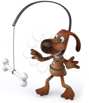 Royalty Free Clipart Image of a Dog With a Bone Dangling in Front of Him