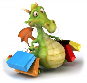 Royalty Free Clipart Image of a Dragon With Shopping Bags