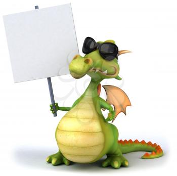 Royalty Free Clipart Image of a Dragon in Sunglasses With a Sign