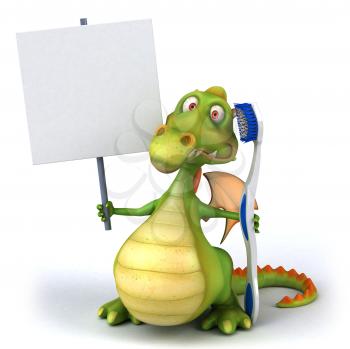 Royalty Free Clipart Image of a Dragon With a Sign and a Toothbrush