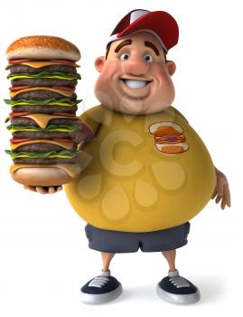 Royalty Free Clipart Image of a Fat Man With a Huge Cheeseburger