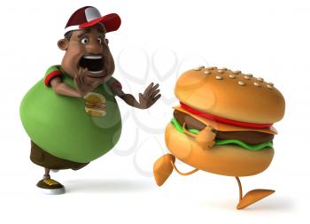 Royalty Free Clipart Image of an Overweight Black Man Chasing a Burger