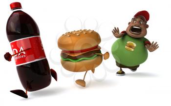 Royalty Free Clipart Image of a Man Running Behind a Pop and a Burger