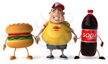 Royalty Free Clipart Image of a Man Holding Hands With a Burger and Pop