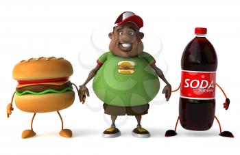 Royalty Free Clipart Image of an Overweight Man Holding Hands With Pop and a Burger