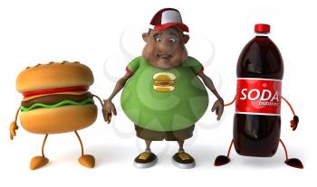 Royalty Free Clipart Image of a Sad Overweight Man Holding Hands With a Burger and Pop
