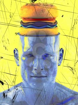Royalty Free Clipart Image of a Man With a Burger on His Mind