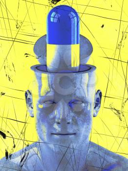 Royalty Free Clipart Image of a Man With a Pill in His Open Head