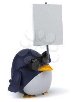 Royalty Free Clipart Image of a Penguin With Sunglasses and a Sign