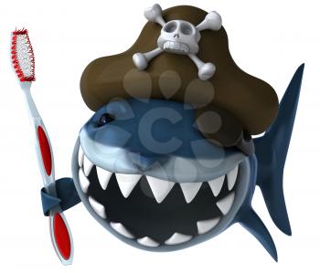 Royalty Free Clipart Image of a Pirate Shark With a Toothbrush
