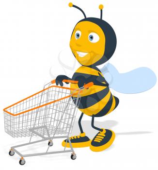 Royalty Free Clipart Image of a Bee With a Shopping Cart
