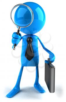 Royalty Free Clipart Image of a Blue Businessman With a Briefcase and Magnifying Glass