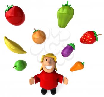 Royalty Free Clipart Image of an Overweight Woman Juggling Fruits and Vegetables